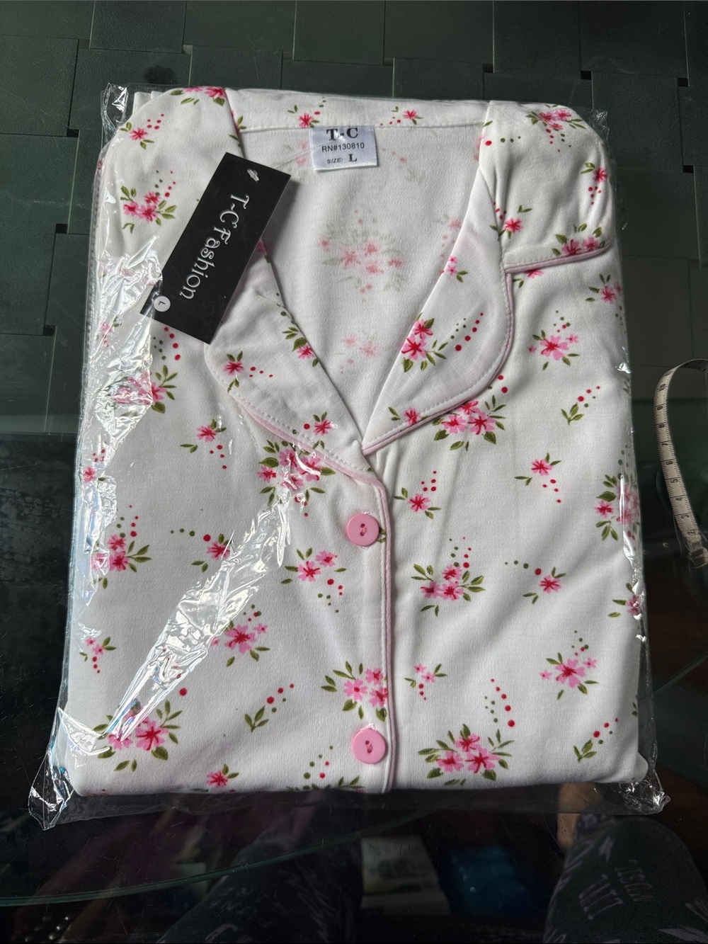 Women's White Floral Pajama Top and Pans with Pink Trim-long sleeves.